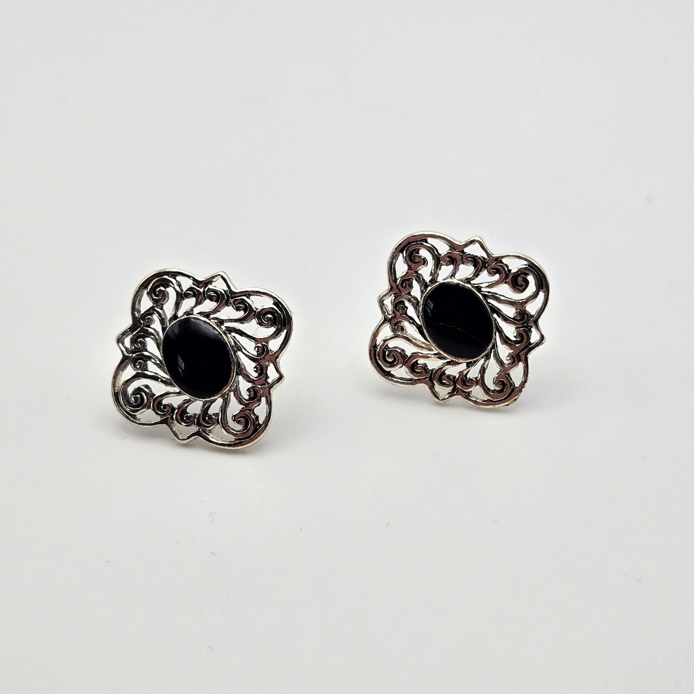 Dainty Earrings Black Stone Geometric Silvertone Filigree Preppy Classic Retro